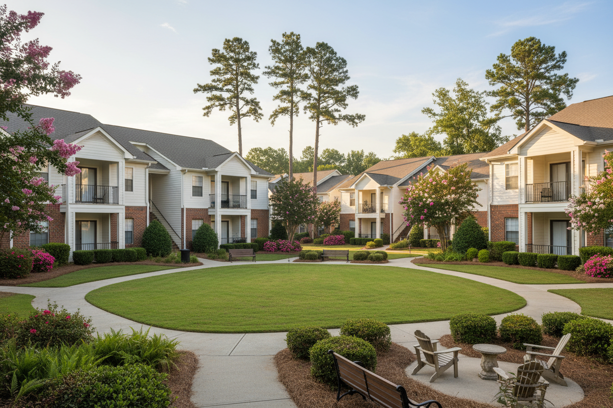 Modern multifamily apartment community with landscaped grounds